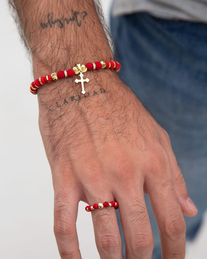 Red bracelet with 6mm Italian beads + Red ring with 3mm and 5mm smooth beads