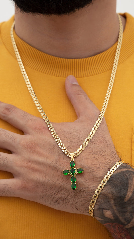 Thick cross chain 65cm + Green brightness pendant + Thick cross bracelet 19cm