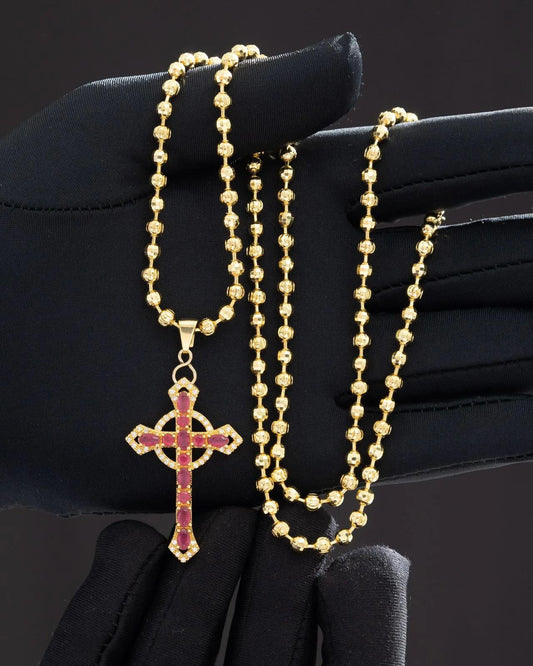 Shiny army necklace 65cm length and 4mm thickness + Red zircons cross pendant