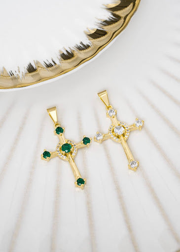 Cross pendant in green or crystal zircons