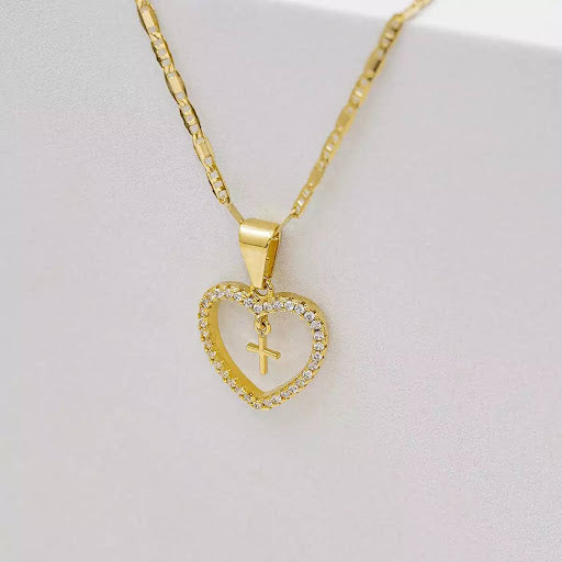 Crystal zircon heart with mini cross pendant 2.5mm