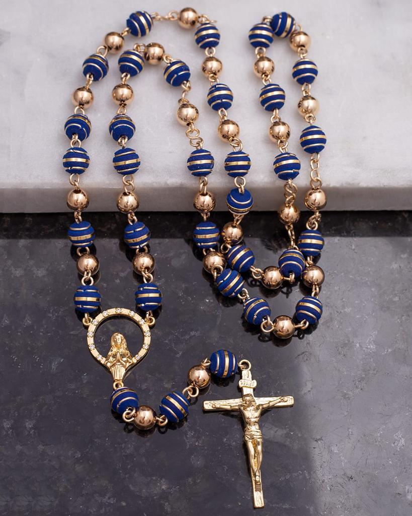 Rosary blue and gold 65 cm length 7mm triple strap beads