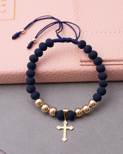 Cross navy blue bracket smooth 6mm beads